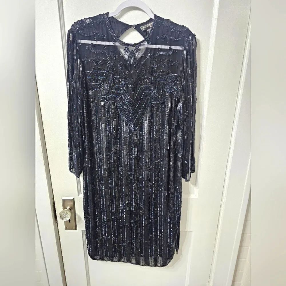 Vintage Carolyne Barton black evening gown with sequence and iridescent beads.